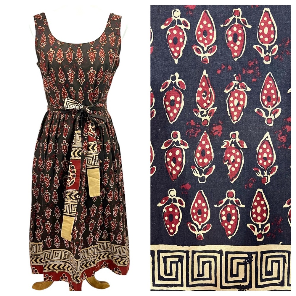 Vintage 70’s Cotton Sleeveless Strawberry Indian Ajrakh Print Belted Midi Dress